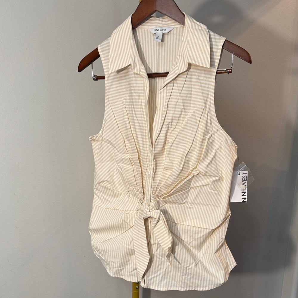 Nine West Beige Striped Sleeveless button down Blouse NWT L